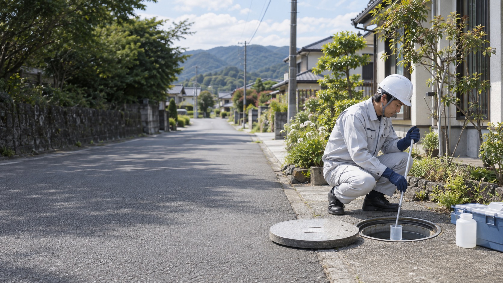 浄化槽の点検作業をする技術者