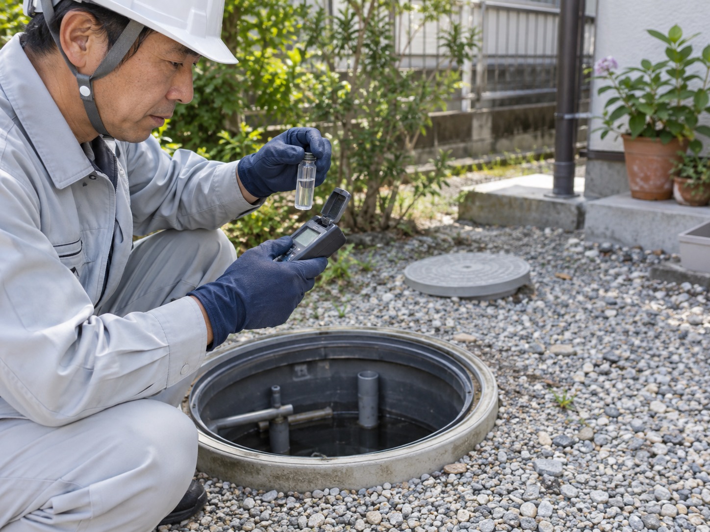 浄化槽の水質を確認する技術者